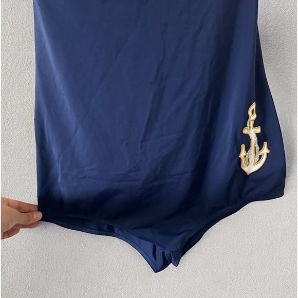COCOSHIP Women's 50s Retro Navy Blue Nautical Maillot Anchors Away Swimsuit - Picture 5 of 12
